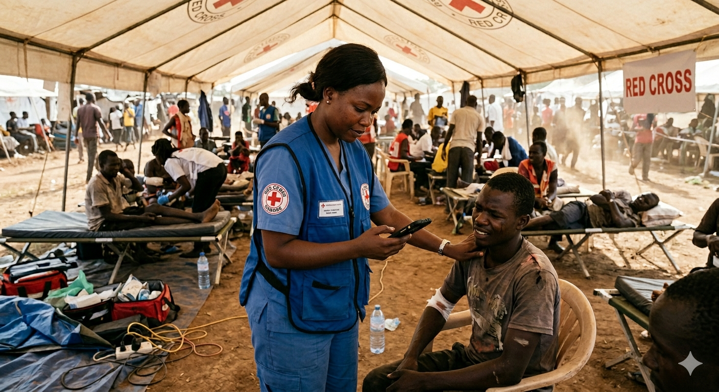 Field medical setting with medical personnel in action during a crisis