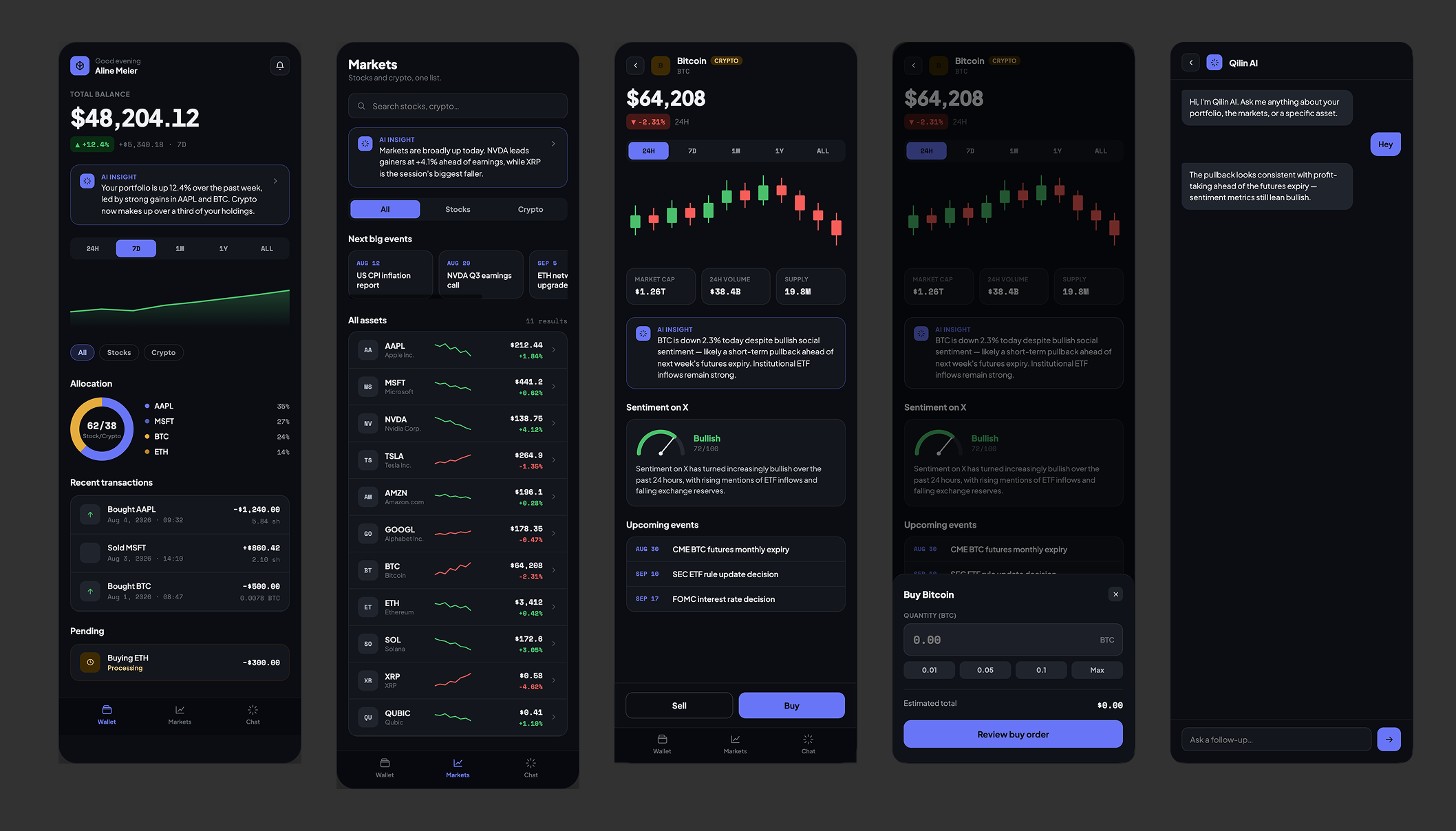 Wallet, Markets, and Detail screens generated by Claude Design