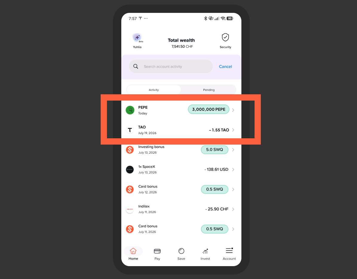 Crypto Send and Receive movements integrated into Yuh's Activity screen